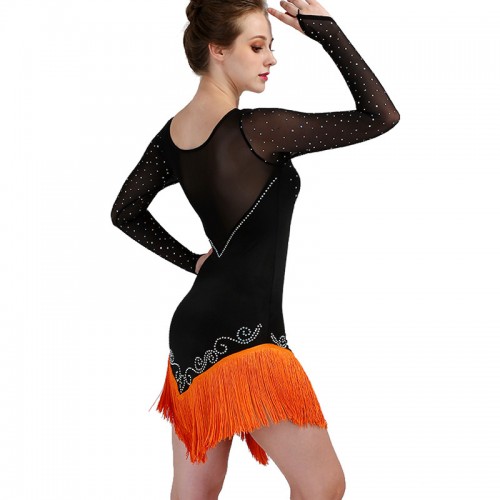 Turquoise orange Fringe latin dance dresses with diamond for women girls long sleeves v neck latin dance performance costume ballroom competition clothes for lady